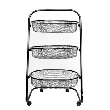 Imagem de Fruteira De Chão Em Aço Carbono Com Rodinhas Extra Forte Organizador Multiuso 3 Andares Para Cozinha Carrinho Resistente - Preto