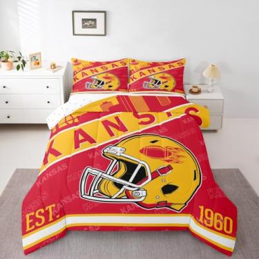 Imagem de Conjunto de edredom de capacete de time de futebol americano, estilo futebol americano, para crianças, adolescentes, esportes, silhueta de cidade, conjunto de cama solteiro para fãs de rúgbi, presente