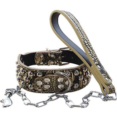 Imagem de Coleira para cachorro haoyueer de couro de 5 cm de largura + conjunto de correia para corrente de cachorro de ajuste pesado grande raça pit bull Husky Mastiff Terrier (marrom dourado, P)