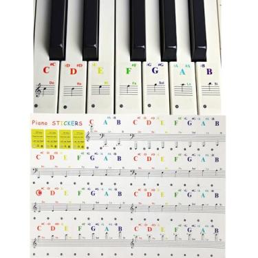 Imagem de Adesivos de teclado de piano para 88/61/54/49/37 teclas coloridas com letras grandes, conjunto completo, adesivos transparentes removíveis para iniciantes