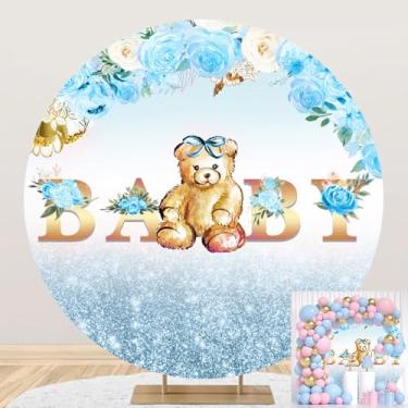 Imagem de Capa de pano de fundo redondo de ursinho de pelúcia, flores azuis e brancas com glitter, pano de fundo revelador de gênero para chá de bebê recém-nascido, decoração de festa de aniversário, decoração