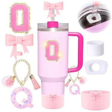 Imagem de 6 peças de acessórios rosa para copo Stanley, decorações para copo de 30/1,134 g com alça, inclui tampa e bota de cobertura de palha de laço, pingente de iniciais, adesivo de letra, tampa à prova de