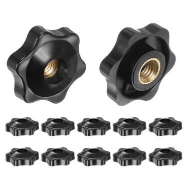 Imagem de HARFINGTON 12 peças Star Knobs M8 rosca fêmea 32 mm cabeça de plástico de 6 pontos inserção de latão furo passante rosqueado puxador manual rosqueado alça de aperto, preto