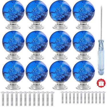Imagem de ANJUU 12 maçanetas de armário de vidro bolha de cristal de forma redonda de 30 mm com parafusos, puxador de gaveta usado para cozinha, cômoda, porta, armário (azul escuro)