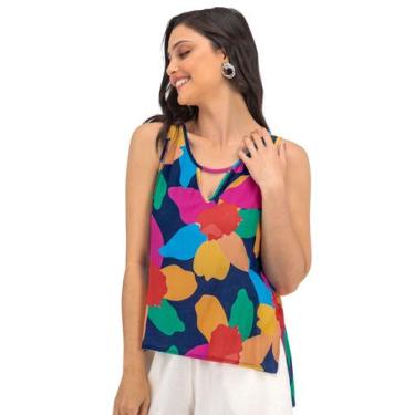 Imagem de Regata Feminina Flores Assimétrica Rovitex Azul, M, Azul