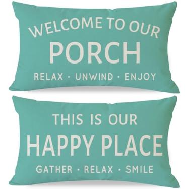 Imagem de HERHOME Capas de almofada decorativas para casa de fazenda ao ar livre 30 x 50 cm Conjunto de 2 Bem-vindo à nossa varanda This is Our Happy Place Turquesa Praia Lombar Capa para decoração de sofá