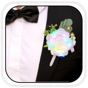 Imagem de Latious Light Up Rose Bride Wedding Boutonniere branco LED flor noivo casa de botão decoração de terno de formatura para homens (luz branca-colorida)