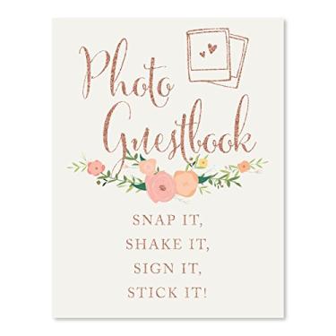 Imagem de Andaz Press Placas de festa de casamento, glitter falso ouro rosa com florais, 21,5 x 28 cm, livro de visitas com foto Snap It, Shake It, Sign It, Stick It, Placa Polaroid 1 pacote, decorações coloridas