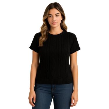 Imagem de Blusa FMF Feminina Preto Tricô Manga Curta Canelada Trama Trançada-Feminino