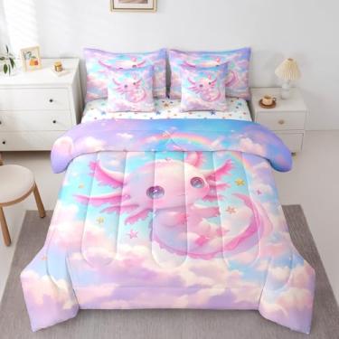 Imagem de Feelyou Jogo de cama Queen fofo de axolote infantil, 7 peças, com estampa de galáxia, nuvem de galáxia, animal com desenho animado de animais e lençol com arco-íris, para decoração de quarto, 7 peças