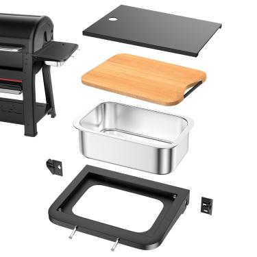 Imagem de Utheer Prateleira de mesa lateral de grelha para Weber Searwood 600/600XL – Estação de preparação de churrasco dobrável com panela de aço inoxidável, tábua de corte, tampa e ganchos, mesa lateral para