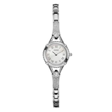 Imagem de GUESS Relógio pequeno de pulseira de cristal prateado com elos autoajustáveis. Cor: prateado (modelo: U0135L1), Prateado/prateado, NS, Angélico