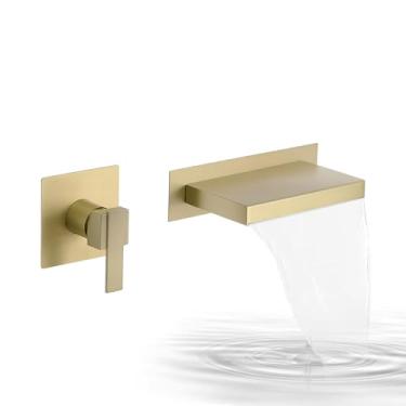 Imagem de Homevacious Torneira de banheira de montagem na parede, ouro escovado, cascata, banheira, conjunto de enchimento de pia de alavanca única com válvula áspera latão sólido
