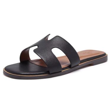 Imagem de Sexynite Chinelo feminino de couro de largura larga 2025, moderno, confortável, com espuma viscoelástica para calçados femininos, Preto, 40