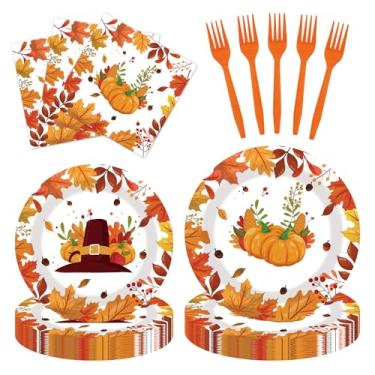 Imagem de 80 peças de pratos de papel de ação de graças e guardanapos, garfos, pratos de bolo de jantar, folhas de outono, decorações de festa de abóbora para outono, dia de Ação de Graças, férias, casamento