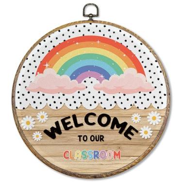 Imagem de Sufamb Boho Rainbow Classroom Round Wall Art Decor, Welcome to Our Classroom Canvas Artwork Framed, Back to School Decor Wall Hanging Prints Decorações para decoração pré-escolar, 25 x 25 cm