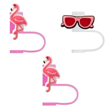 Imagem de STRACOUPI Tampa de palha de silicone Flamingo para copos Stanley, acessório decorativo reutilizável, pacote com 3