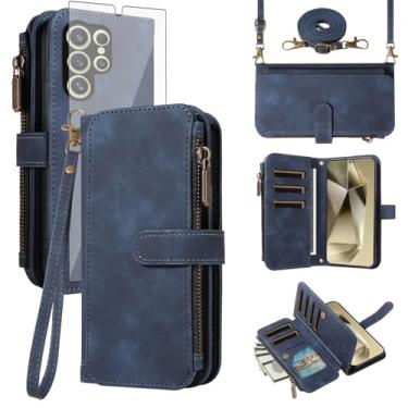 Imagem de Asuwish Capa de celular para Samsung Galaxy S24 Ultra 5G com zíper carteira celular com protetor de tela de vidro temperado alça transversal para pulso flip compartimento para cartão de crédito