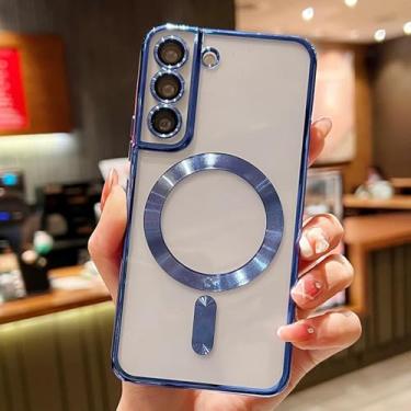 Imagem de HJZSZX Para S24 Ultra Luxury Plating Clear Magnetic Wireless Charge Case Silicone Cover (Para S24 Ultra/Azul)