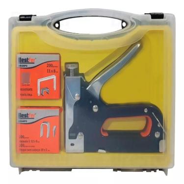 Imagem de Kit Grampeador Pinador De Tapeceiro Profissional Maleta Kit Completo 4 A 14mm 300 Grampos Pregos Estofado Madeira