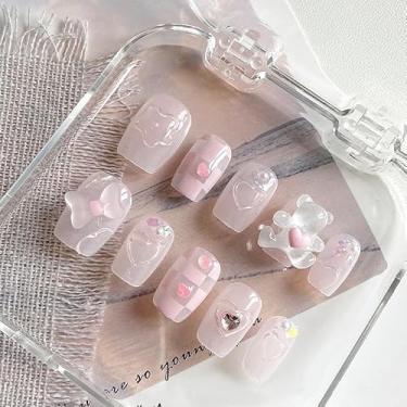 Imagem de Pregos quadrados curtos – Urso rosado bolha | Unhas postiças artificiais de luxo em formato quadrado infantil, unhas postiças rosa brilhante com urso 3D e diamante para meninas, kit de unhas