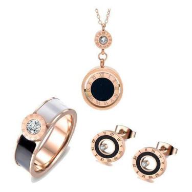 Imagem de Conjunto Luxo Anel Colar Brinco Banhado Ouro Rosê Cristal Cz - Euro Im