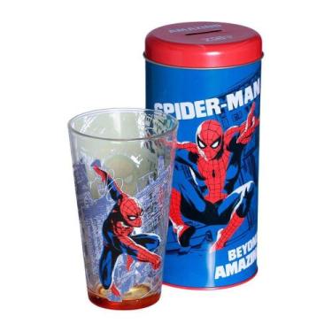 Imagem de Homem-Aranha Kit Copo De Vidro 500ml + Cofre Metal Spiderman City Ofic