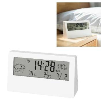 Imagem de Relogio mesa despertador digital lcd sensor temperatura umidade branco