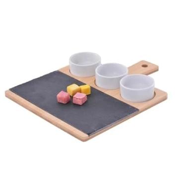 Imagem de Conjunto Petisqueira Porcelana 3 Peças com Bandeja Bambu