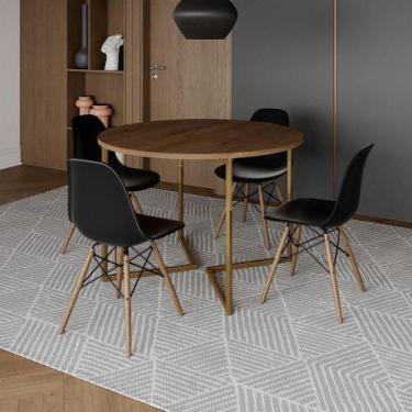 Imagem de Mesa Jantar Industrial Redonda 110Cm Amêndoa Base V Dourada C/4 Cadeir