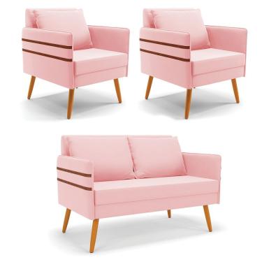 Imagem de Kit 01 Namoradeira E 02 Poltronas Suede Castanho Rosa Bebê