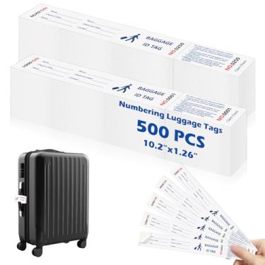 Imagem de 500 etiquetas de identificação de bagagem de hotel de papel com fita de transferência na parte de trás, etiquetas de bagagem brancas a granel, etiquetas de cheque de bagagem, numeração de série