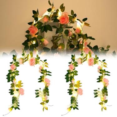 Imagem de 2 peças de videira rosa artificial, guirlanda realista de flores rosa falsas, tecido de seda de 2 metros, vime para pendurar com cordão de luzes de 3 metros, decoração de parede de vime de flor de