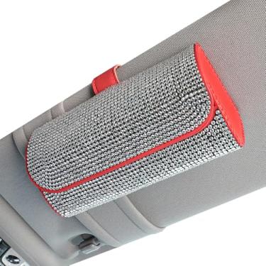 Imagem de Suporte de óculos de sol brilhante para viseira de sol de carro, estojo organizador de óculos de armazenamento com clipe de viseira de carro, estojo organizador de óculos de sol de couro PU para carro