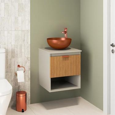 Imagem de Armário de Banheiro Suspenso com Cuba em Metal Rosê Gold e Nicho, Gabinete Moderno Compacto para Banheiros e Lavabos