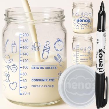 Imagem de 12 Potes de Vidro Armazenar Leite Materno ou Papinha com Graduação e Caneta (BABY AZUL)