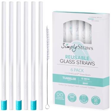 Imagem de Simply Straws Canudos de vidro de 30 cm retos (pacote com 6) – Canudos de vidro reutilizáveis para copo Stanley de 1,134 g, com escova de limpeza – Durável, seguro para lava-louças, uso quente e frio