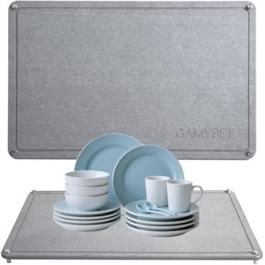 Imagem de GAMYPET Tapete de secagem de pratos de pedra 61 cm × 40,6 cm, prato grande de terra de diatomáceas, almofada de secagem rápida para balcão de cozinha com pés de aço inoxidável elevados, serve para