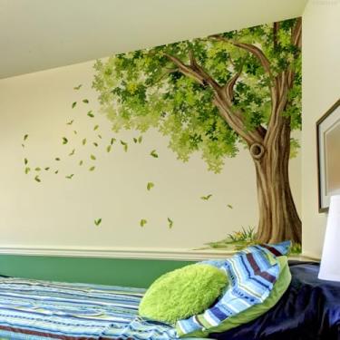 Imagem de ZARROUEA Decalques de parede de árvore grande verde e folhas caindo adesivos de parede destacáveis e adesivos de arte de parede removíveis DIY vinil árvores verdes decoração de casa para quarto de
