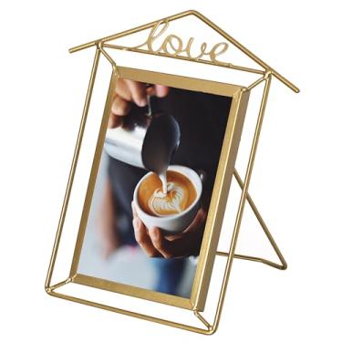 Imagem de Fabulaxe Moldura flutuante decorativa de metal dourado de 28 x 15 cm para fotos verticais de 20 x 15 cm, cavalete traseiro para casa, escritório, sala de estar, quarto, eventos de casamento, mesa