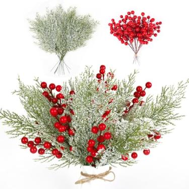Imagem de RECUTMS 40 peças de ramos artificiais de cedro de neve de Natal caules de baga de azevinho vermelho, agulhas de pinheiro nevado, palitos de folhas de cedro falso, sprays de vegetação para decoração de