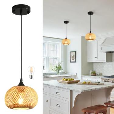 Imagem de Sicddde Luminária pendente de vime, luminária pequena Boho para ilha de cozinha, luminária pendente de vime para casa de fazenda, luminárias de vime, pendurar no teto para sala de jantar, quarto, café