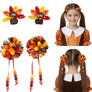 Imagem de 4 peças de grampos de cabelo de peru Korker para meninas, acessórios fofos de roupa de ação de graças com fita de gorgorão encaracolado laços de torcida e presilhas de jacaré para crianças