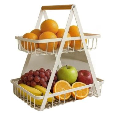 Imagem de Fruteira de Mesa ou Cesto Multiuso Cesta de metal portátil Organizador para Casa Cozinha Escritório(DOIS ANDARES BRANCA)