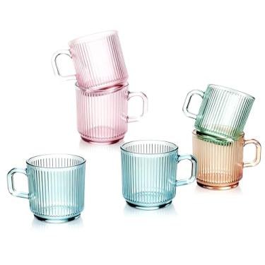 Imagem de binsakao Canecas de café de vidro pacote com 6 - 325 ml xícaras de café coloridas sortidas com alças - conjunto de 6 canecas pastel - conjunto de xícaras de chá com listras verticais para bebidas