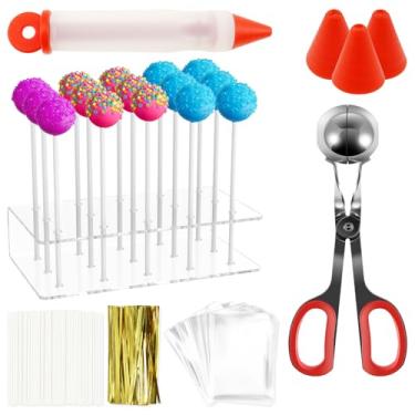 Imagem de Kit pop de bolo com 303 peças, incluindo 1 bola de carne, 1 caneta decorativa, 1 suporte de exibição de doces, 100 palitos de papel pirulito, 100 sacos de pirulito, 100 gravatas douradas e 3 bocais de