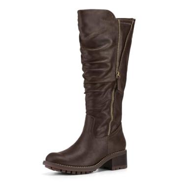Imagem de mysoft Botas femininas de cano alto com zíper lateral e sola de 5 cm de salto grosso, Café, 7 Wide