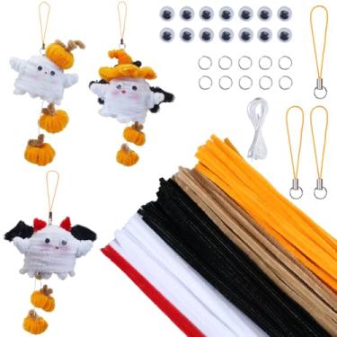 Imagem de SUNNYCLUE Kit de limpeza de cachimbo de 152 peças para limpeza de cachimbo de Dia das Bruxas, laranja, vermelho, preto, branco, hastes de chenille, olhos arregalados, ornamentos para pendurar fantasma