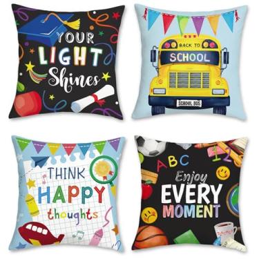 Imagem de COZZSNUGE Capas de almofada de volta às aulas, lápis de ônibus escolar, fronhas decorativas educativas para sofá-cama, casa, quarto infantil, sala de aula, conjunto de 4, 45 x 45 cm