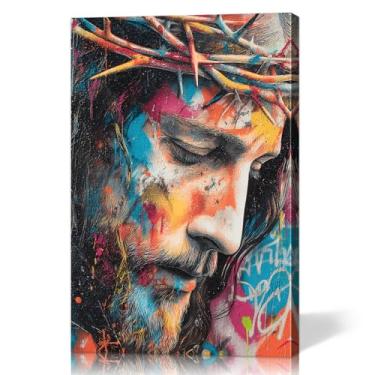 Imagem de Jesus Wall Art Decoração de casa cristã com moldura de madeira embutida - Imagens de Jesus para parede e imagens religiosas Arte grafite para sala de estar e quarto - Leve e fácil de pendurar, 30,5 x